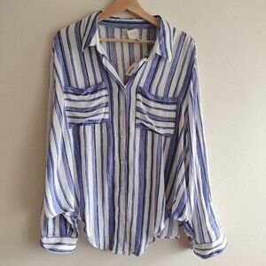 Chicos Blue White Striped Shirt L XL NWT Button Front Rayon Flowy Top New